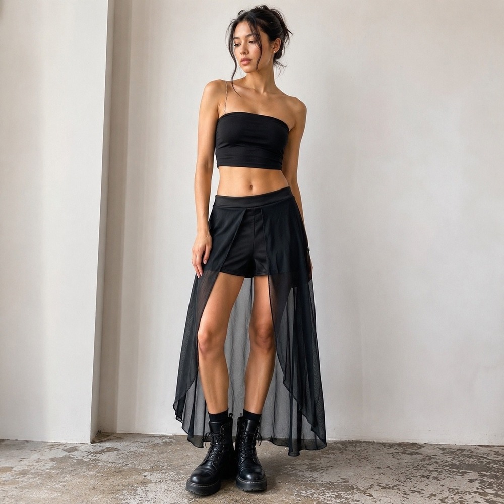 Vtg Charlotte Russe Mesh Maxi Skort Large Black Sheer Whimsigoth Festival  y2k